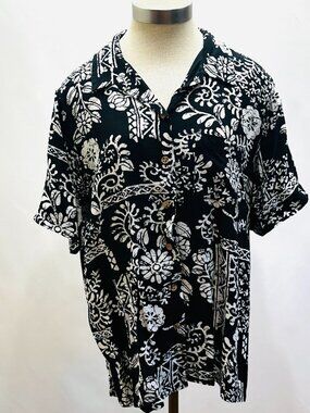 DRESSBARN Women Short Sleeve Button Down Collared Floral Black/White Top 18/20